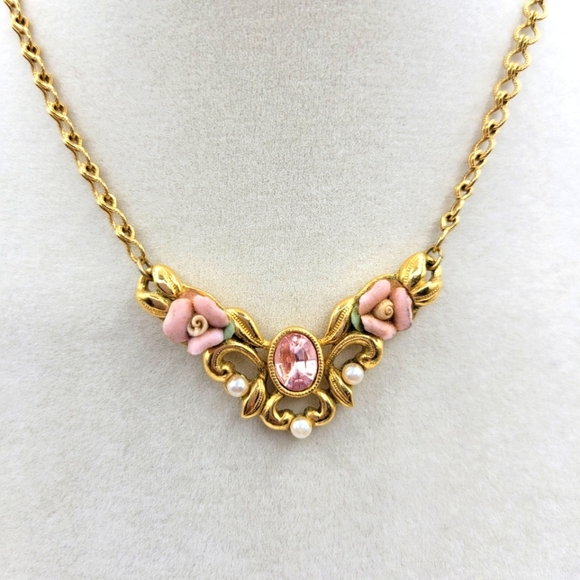 Victorian Style Gold and Pink Floral Necklace - Picture 1 of 4